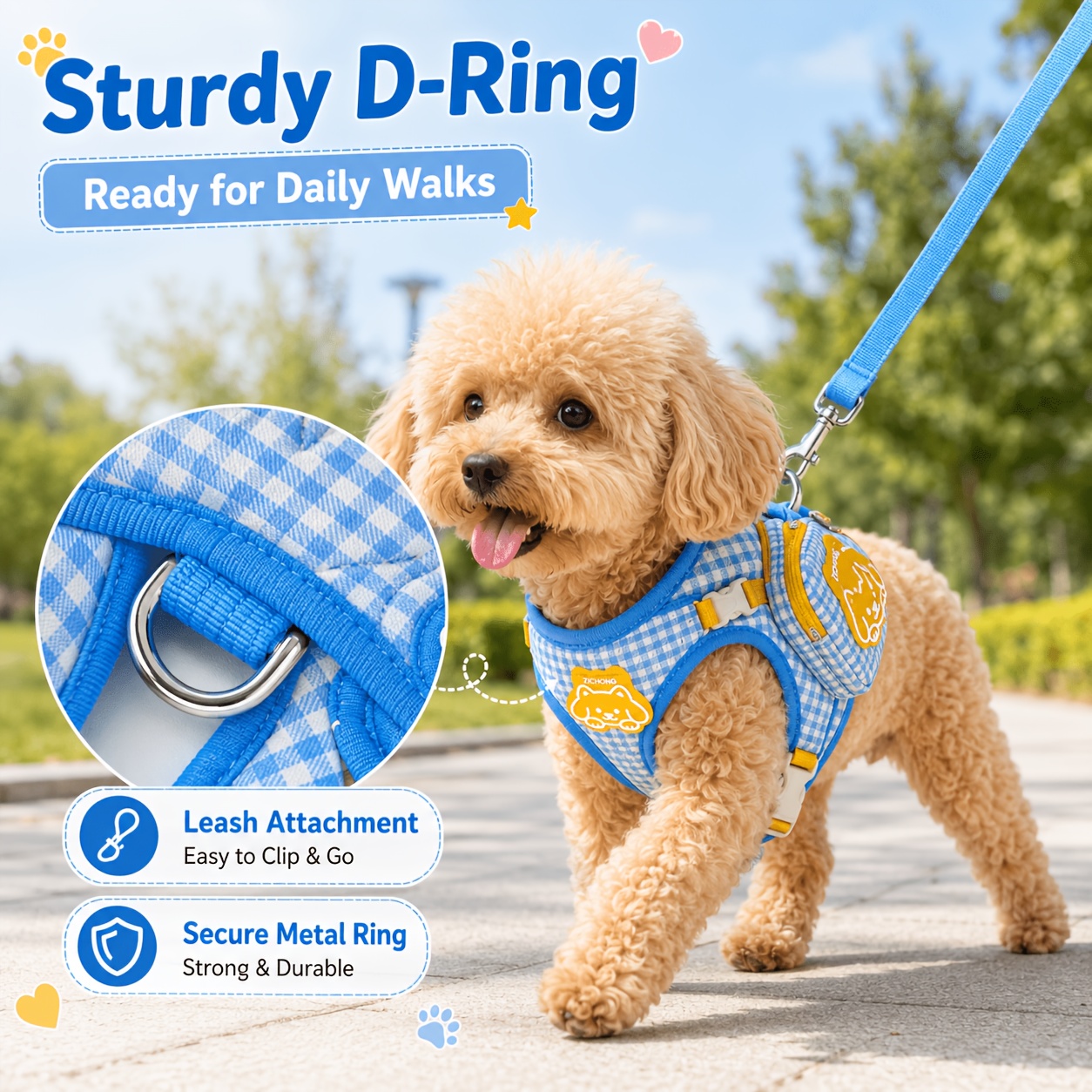Cute Plaid Dog Harness with Mini Backpack, Adjustable Pet Vest Harness for Small to Medium Dogs, Soft Breathable Puppy Chest Harness with Storage Pocket