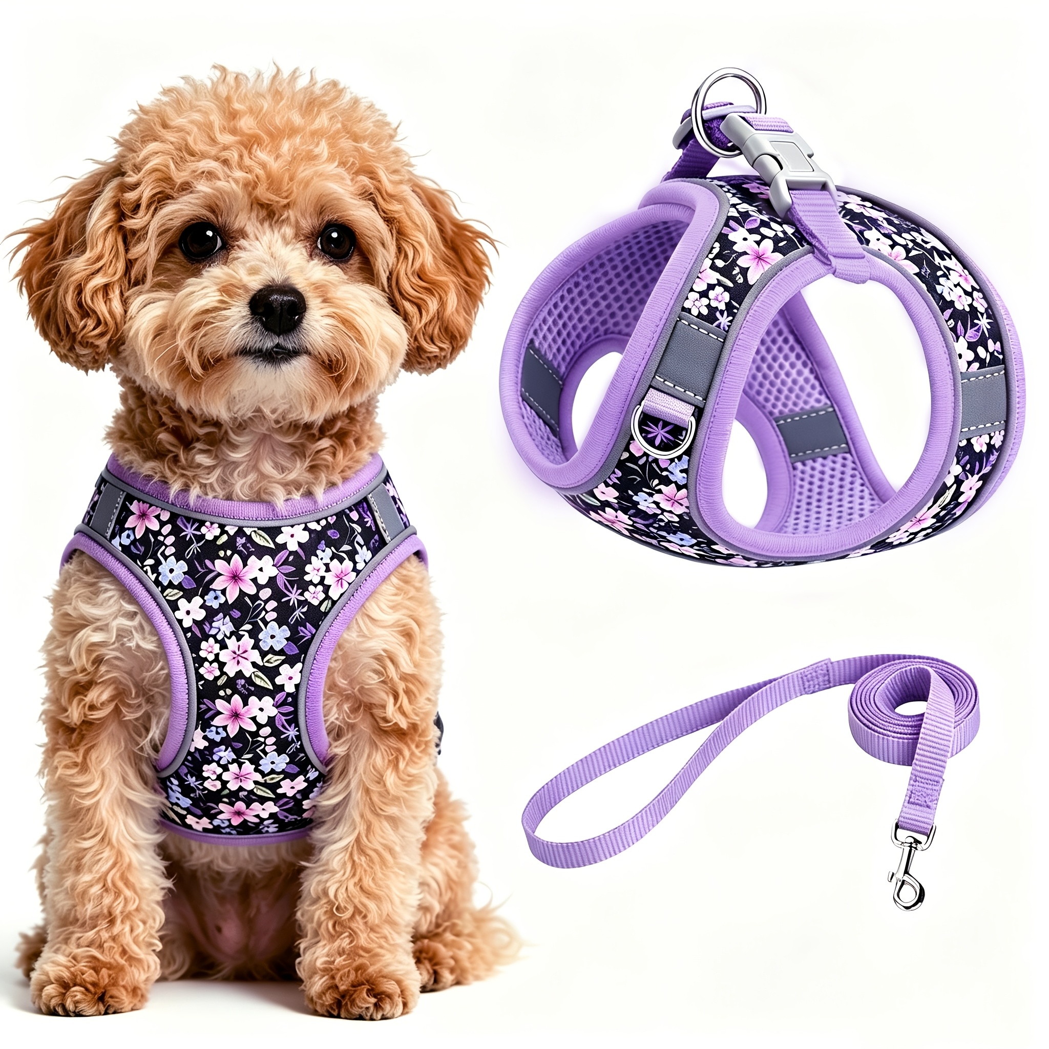 Step In Dog Harness No-Pull with Leash - Adjustable Soft Padded Mesh Vest, Reflective Pet Harness for Small/Medium Dogs & Cats, Flower, Machine Washable, Padded for & Leash Training
