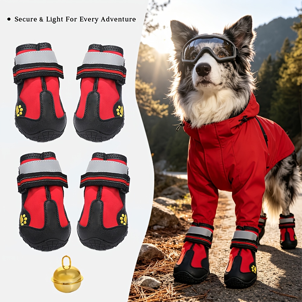 4pcs Reflective Dog Boots with Adjustable Magic Tape, Non-Slip Wear Resistant Pet Paw Protector Shoes for Small to Large Dogs, Outdoor Walking Hiking Dog Shoes Matched with 1pc Pet Collar Bell