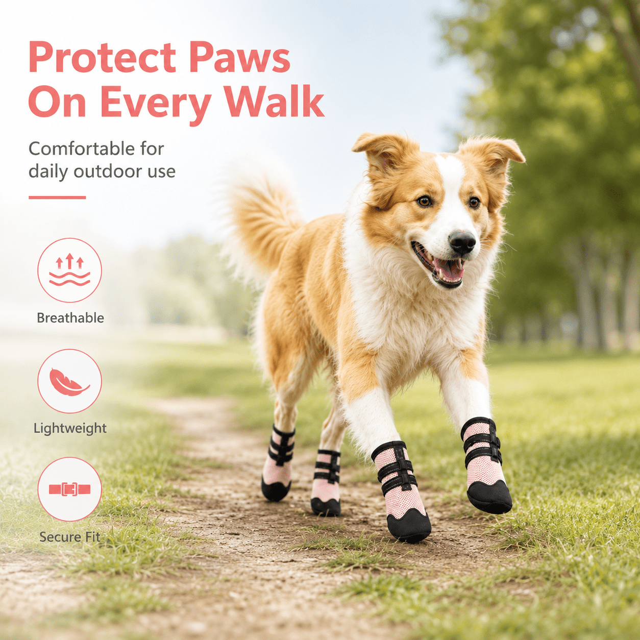 Dog Paw Protector Boots - Breathable Mesh with Non-Slip Soles, Adjustable Straps & Reflective Strips. Anti-Scratch, Comfortable for Walking, Hiking & Travel.