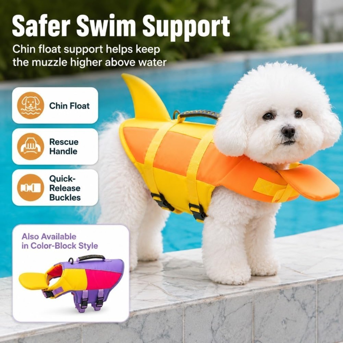Dog Life Jacket with Chin Float, Shark Swim Vest Rescue Handle And Buckles | Adjustable Straps with Quick-Release Buckles Secure The Fit, While The Rescue Handle Adds Control During Swimming And Boating
