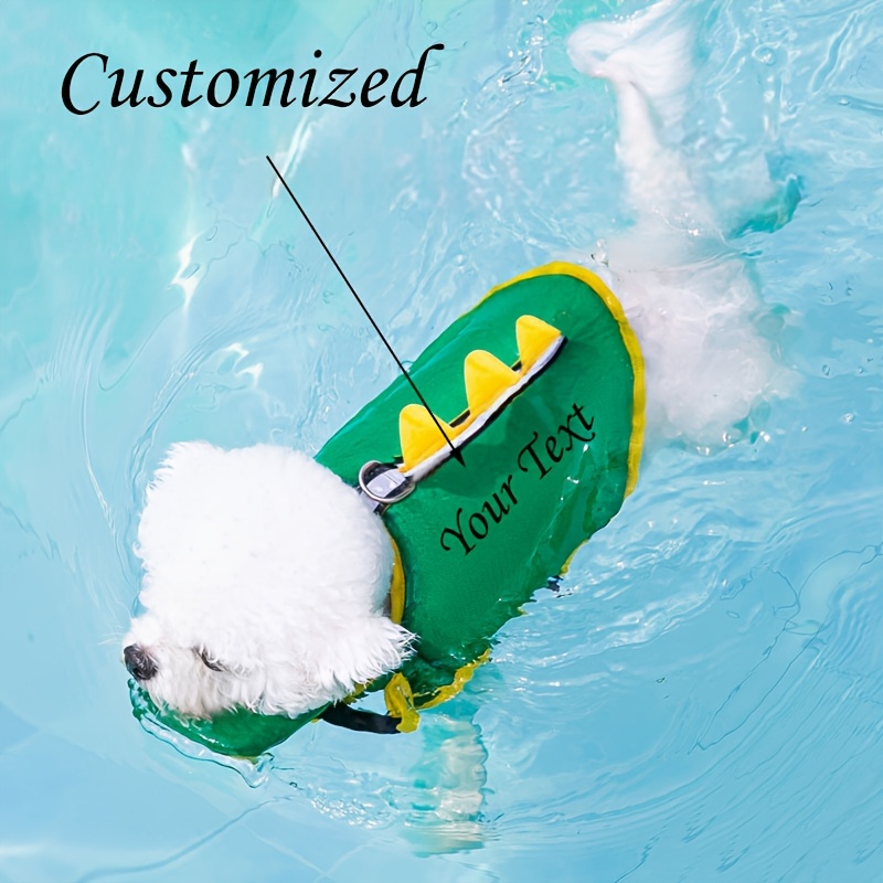 Custom Pet Name Cute Green Dinosaur Theme Dog Life Jacket - Adjustable Safety Swim Vest for Small to Large Dog Breeds, Hand Wash Only, Dog Swimming Life Jacket, Birthday Gift, Pet Party