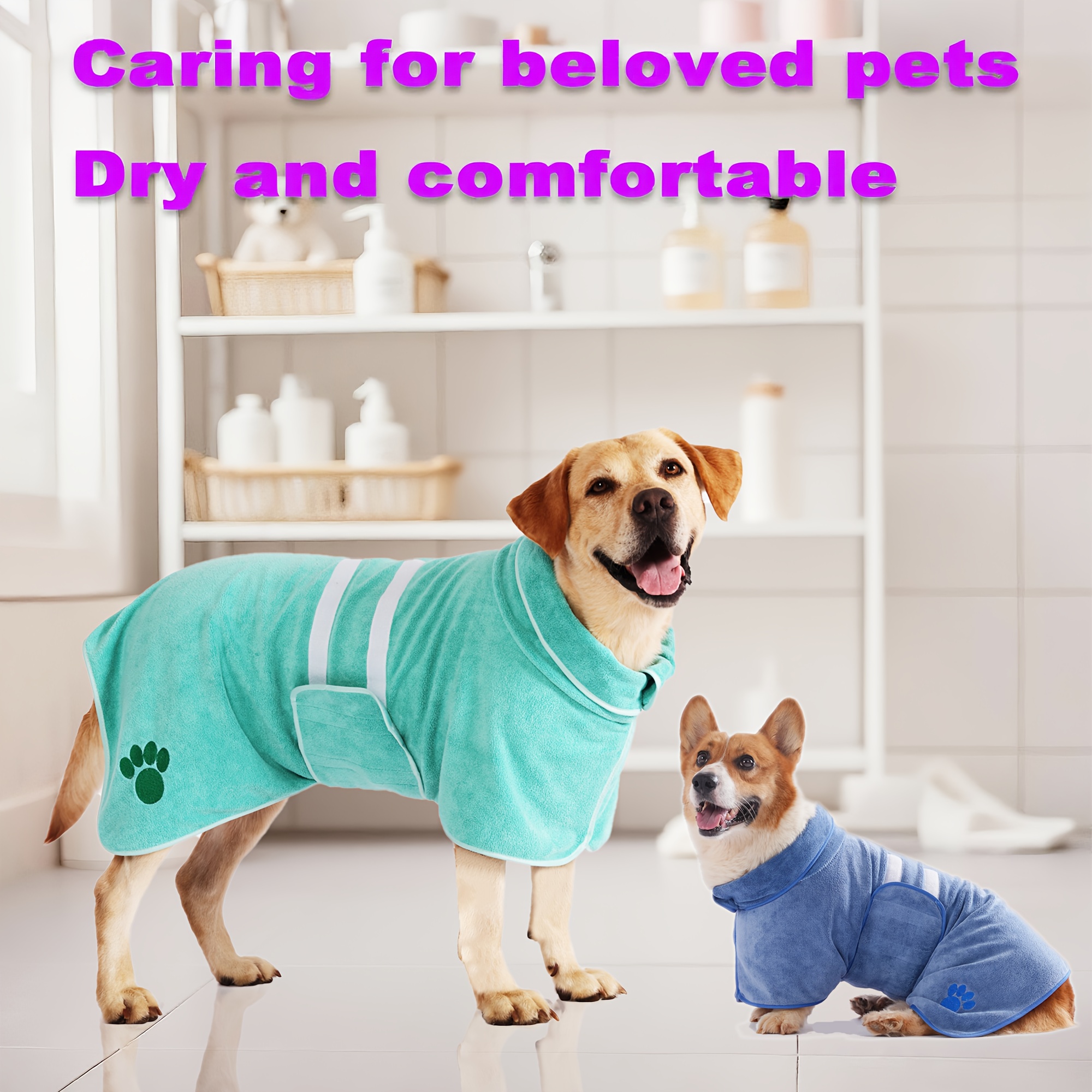 Pet Quick Dry Bathrobe for Dogs & Cats, Outdoor Swimming Beach Towel Coat, Absorbent Fast Dry Embroidered Pet Towel for Medium Large Dogs, After Rain Wet Weather Hands-Free Drying