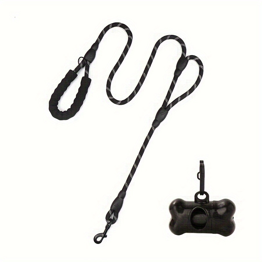 New Double Handle Dog Leash Nylon Reflective Round Rope Sponge Comfortable Handle with Portable Poop Bag, Without Battery