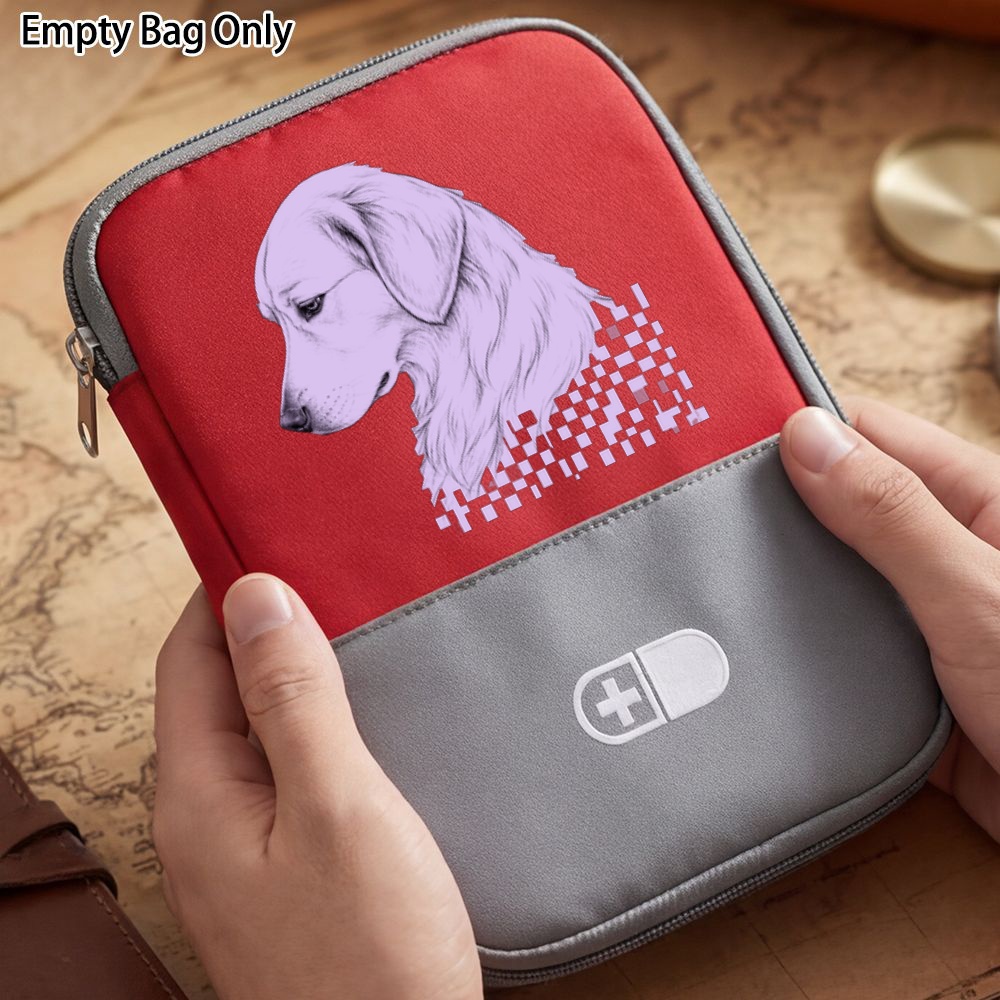 Outdoor First Aid Kit, White Dog Medical Organizer Bag, Red And Gray Portable Medicine Storage Pouch with Cross Pill Icon, Travel First Aid Case for Dog Lovers, Women And Men