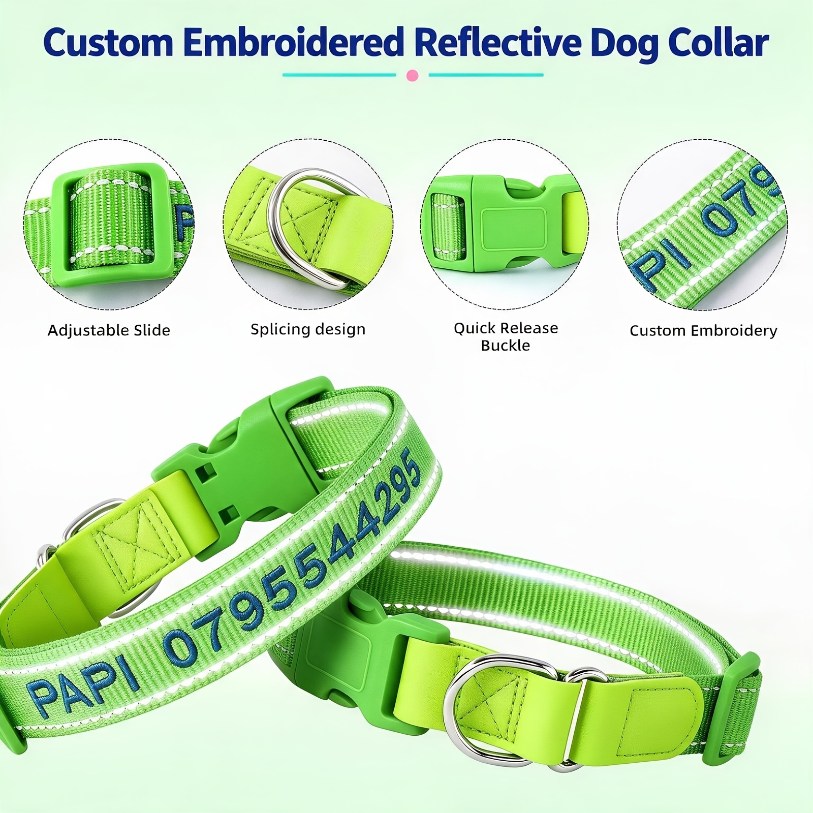 (Customized) New Splicing Design Reinforced Custom Reflective Dog Collar, Embroidered Name And Phone Number to Prevent Loss, Thickened Nylon Adjustable, High-Quality Quick Release Buckle, Suitable for Large And Small Dogs Customized Dog Collar - Image 5