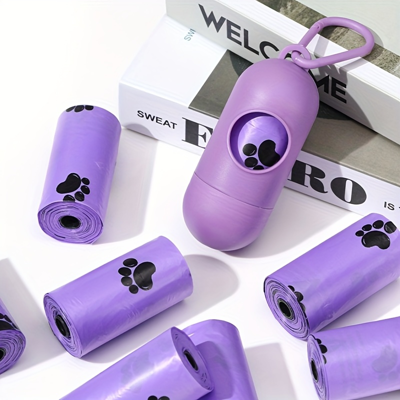 4 Rolls/ 60pcs Random Style Lavender Scented Dog Poop Bags - Leak Proof, Thickened Polyethylene Bags for Pet Waste Disposal, Purple with Paw Print Design, Pet Outdoor Cleaning Supplies